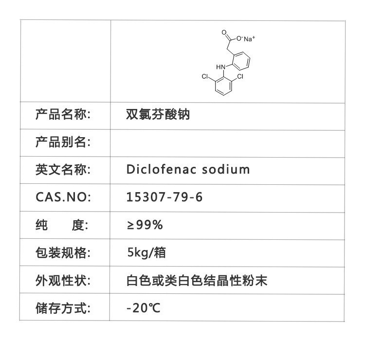 口服双氯芬酸钠99%  双氯芬酸钠cas: 15307-79-6  双氯芬酸钠分子式